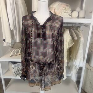 JFW women's size large sheer tunic length black plaid paisley blouse, sexy 3195